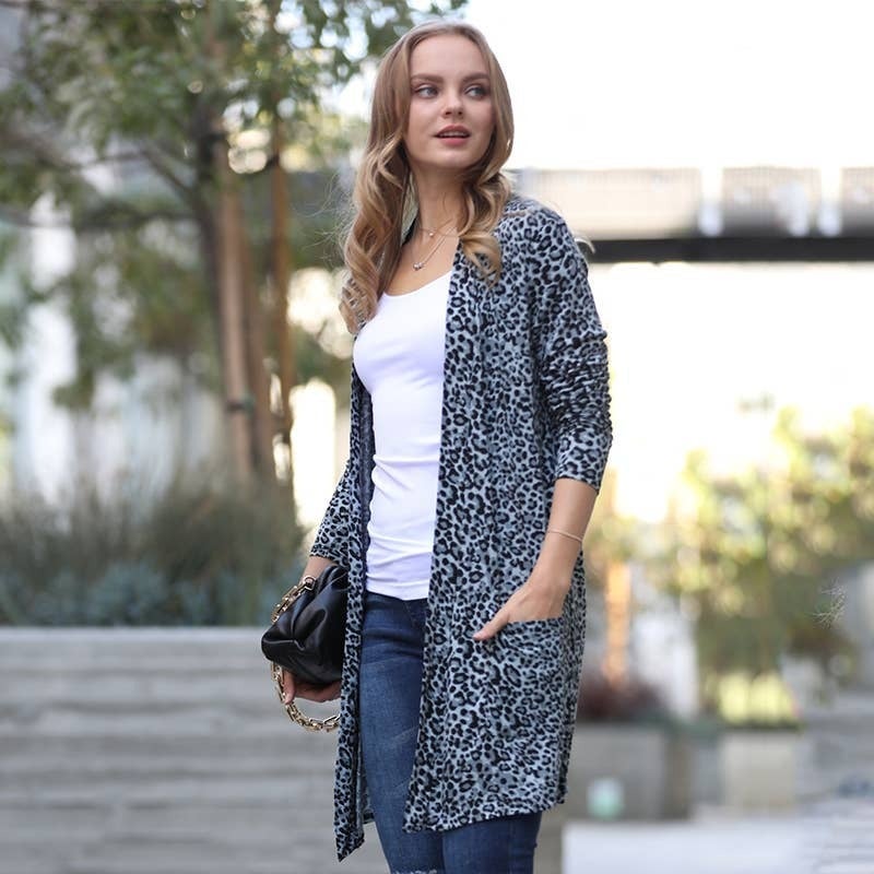 GREY LONG SLEEVE LEOPARD CARDIGAN ARIES BOUTIQUE